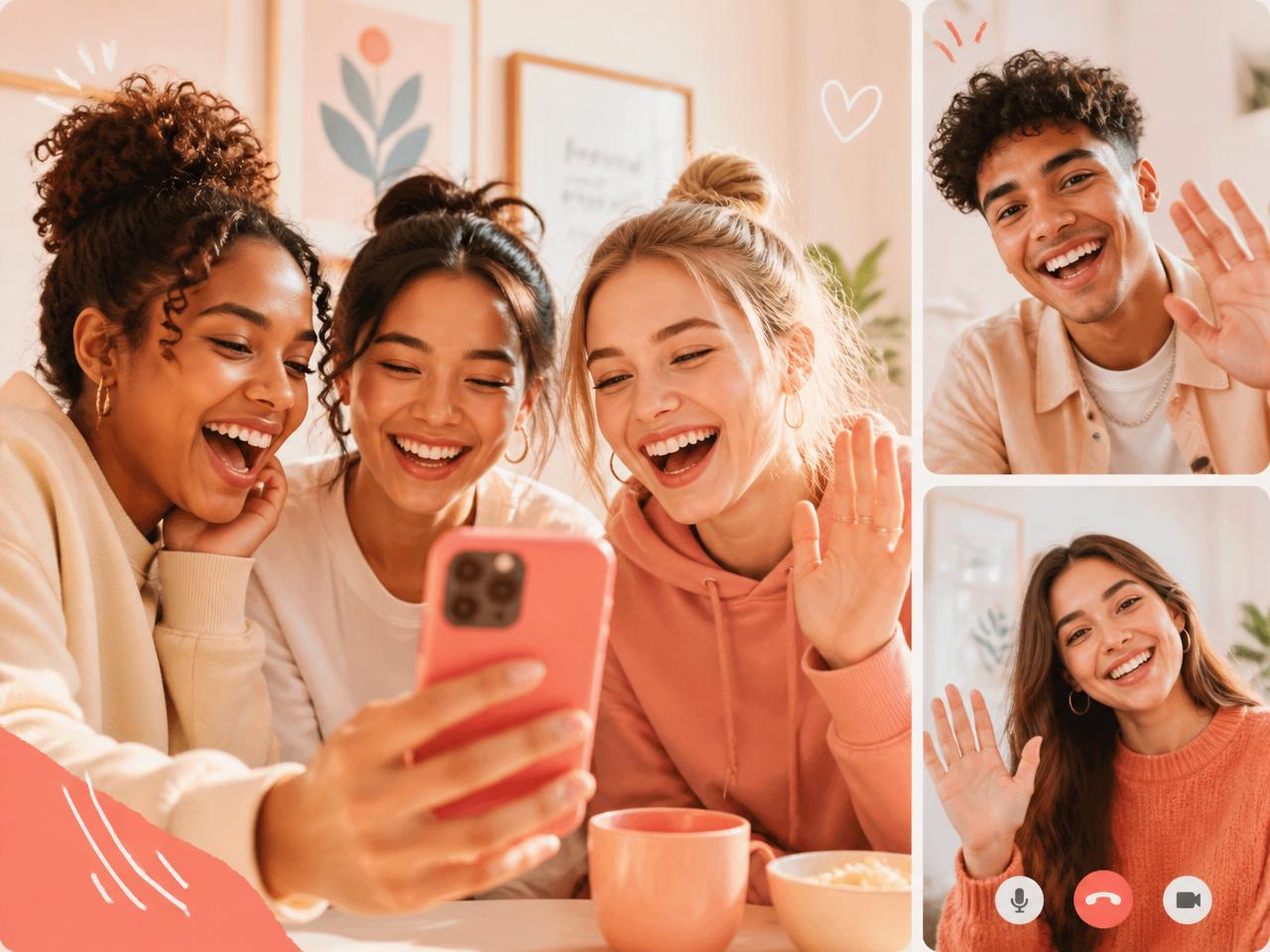 Friends laughing together while sharing moments on their phones